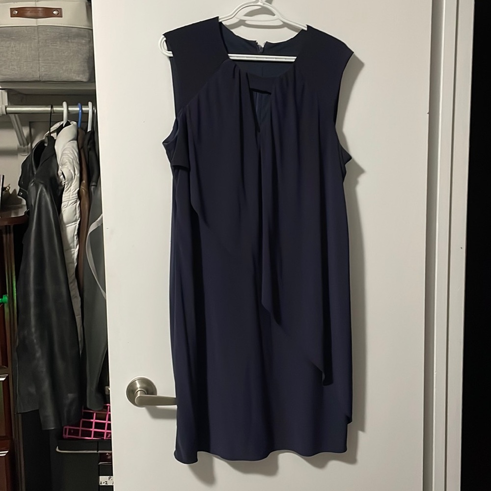 Lovely Navy asymmetric illusion cocktail dress from Le Chateau.